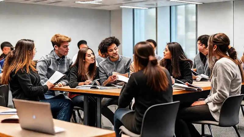 Estudiantes discuten sociología en aula moderna