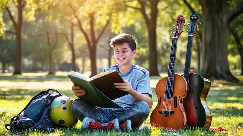 Estudiante en parque, combinando estudio, deporte y música