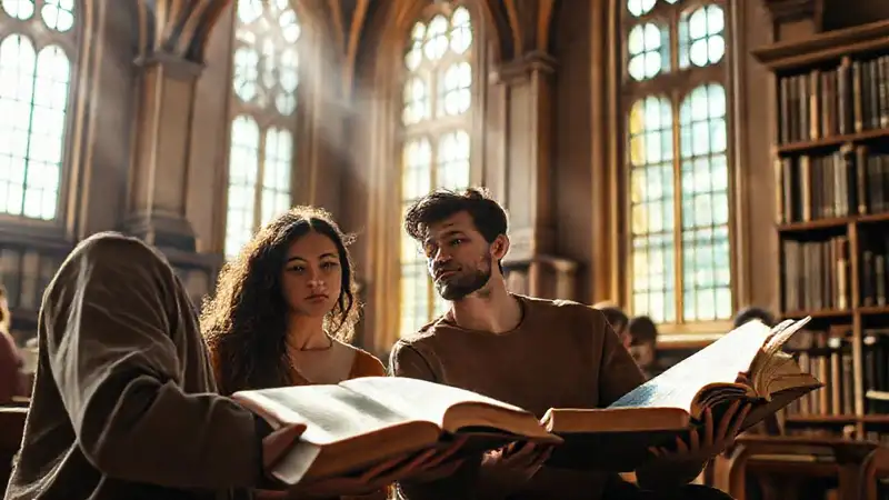 Estudiantes estudian en biblioteca antigua y cálida