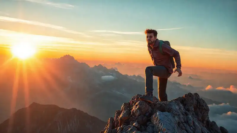 Persona motivada escala montaña al amanecer