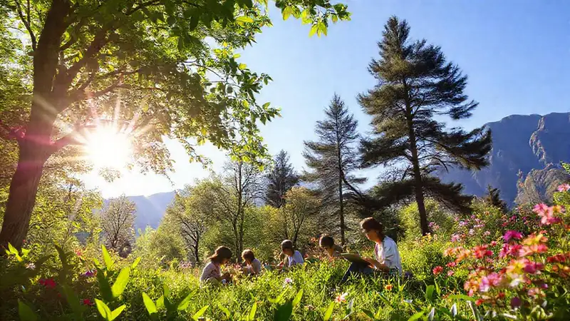 Estudiantes estudian en un bosque vibrante
