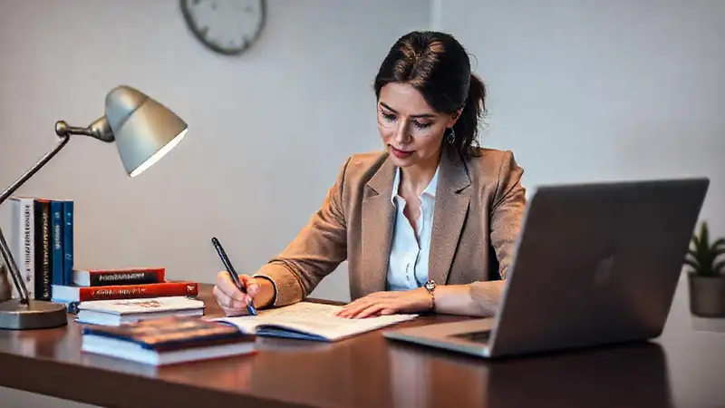 Mujer profesional escribe carta en oficina moderna