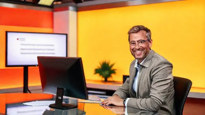 Periodista confiada con comentarios positivos en su escritorio