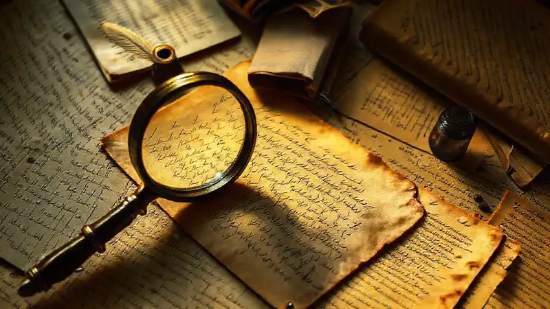 Estudio histórico con documentos antiguos y lupa