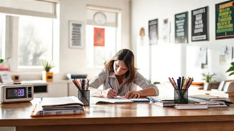 Estudio organizado con notas y ambiente motivador