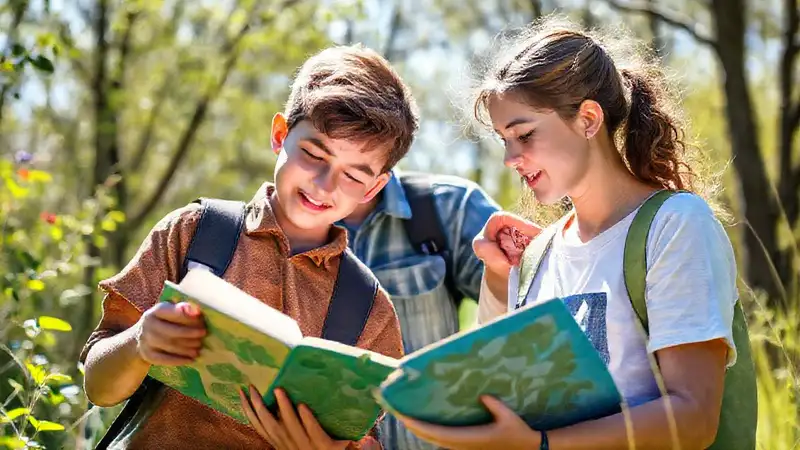 Estudiante estudia en la naturaleza y aprende