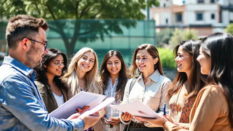 Investigador entrevista diversas personas en exteriores urbanos
