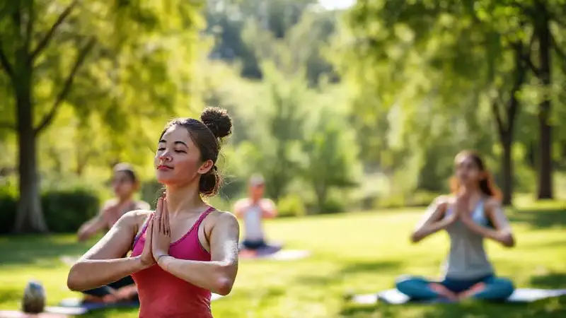 Estudiantes haciendo yoga en un parque sereno
