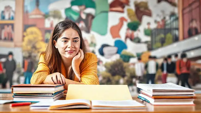 Estudiante planifica futuro en un campus inspirador