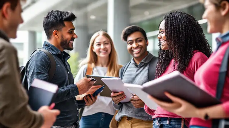 Estudiantes discuten en campus universitario diverso