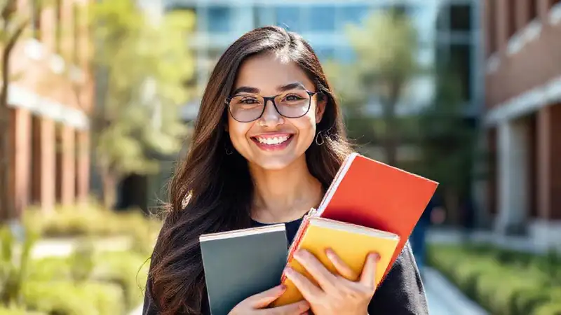Joven estudiante feliz con libros de psicología