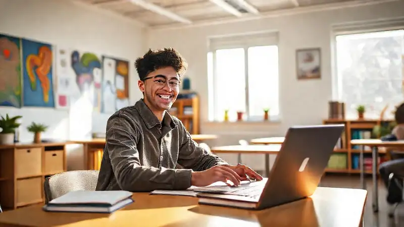 Estudiante feliz estudiando psicología en aula moderna