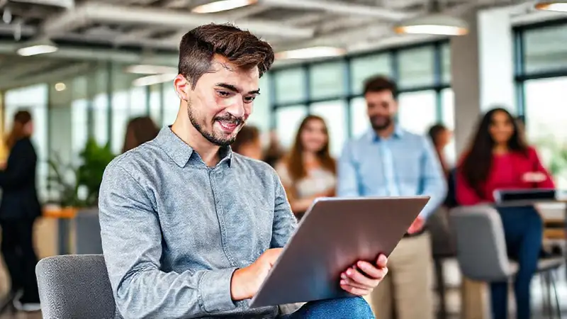 Estudiante revisa prácticas en oficina moderna y profesional