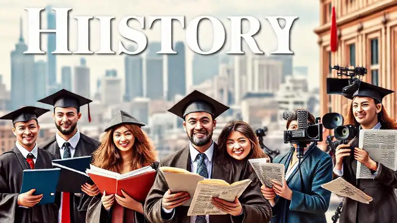 Portada moderna con profesionales y accesorios históricos
