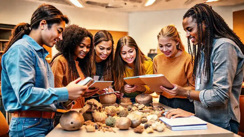 Estudiantes colaborando con artefactos antropológicos