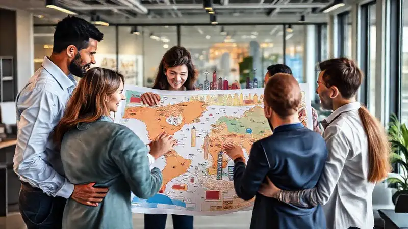 Profesionales colaborando en un mapa moderno