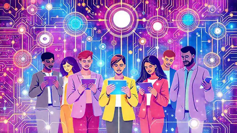 Red futurista con personas y tecnología holográfica