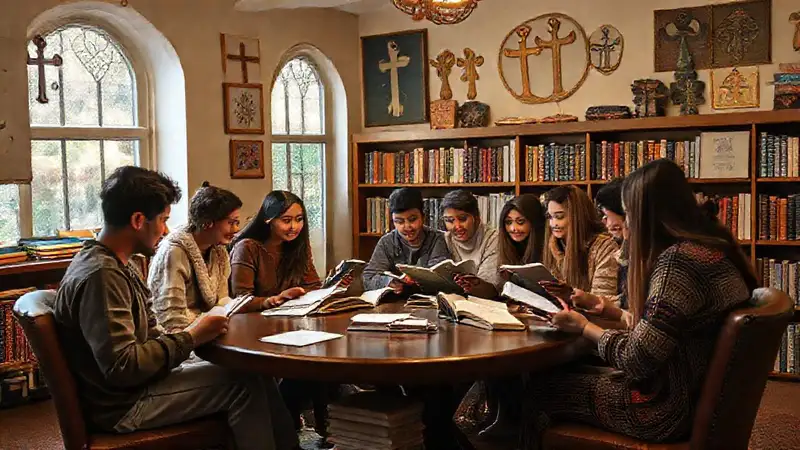 Estudiantes diversos en biblioteca con símbolos religiosos