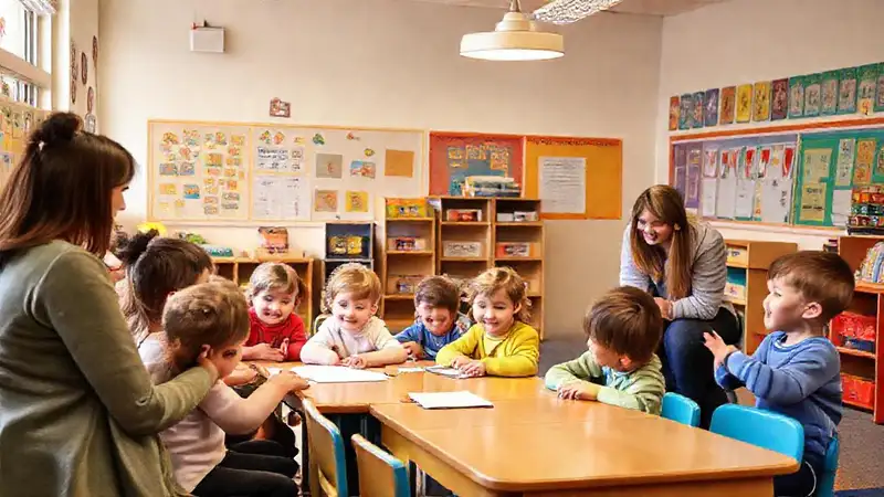 Aula alegre con niños, padres y posters coloridos
