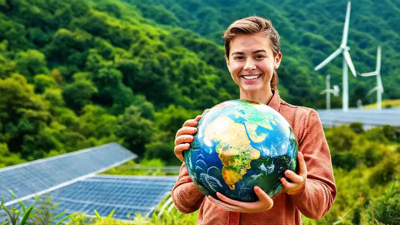 Científico joven con mundo y energía limpia