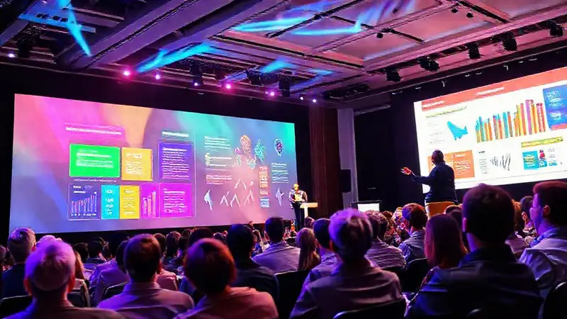 Escenario vibrante con presentador y audiencia atentos