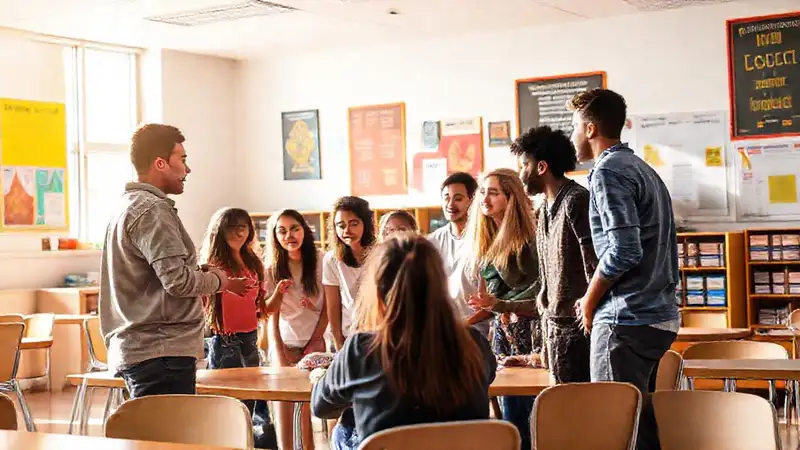 Estudiantes colaboran en aula moderna y vibrante
