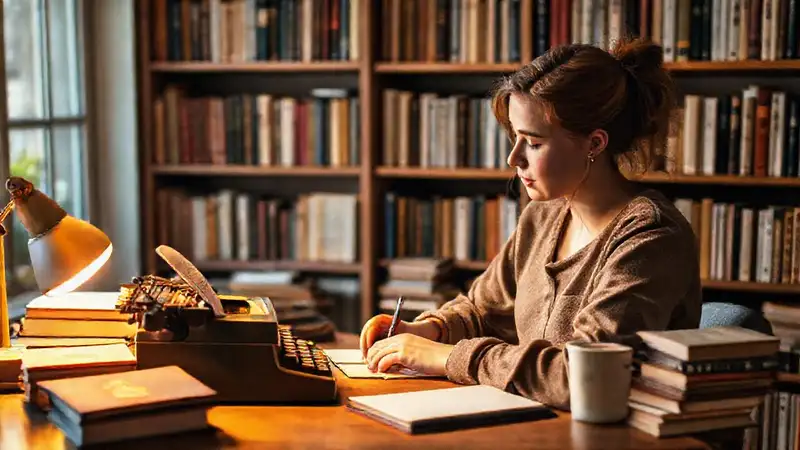 Estudiante escribiendo en un entorno acogedor y creativo