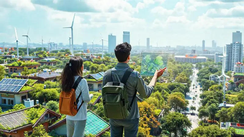 Ciudad futurista ecológica y moderna con estudiantes