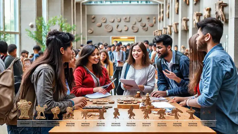 Campus universitario con estudiantes y artefactos culturales