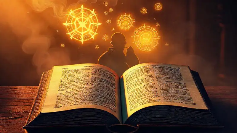 Libro antiguo con símbolos místicos iluminados