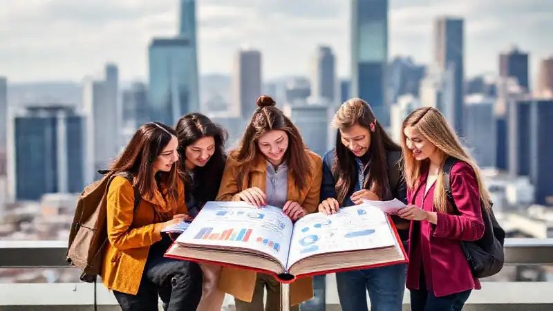 Estudiantes estudian con libros y gráficos