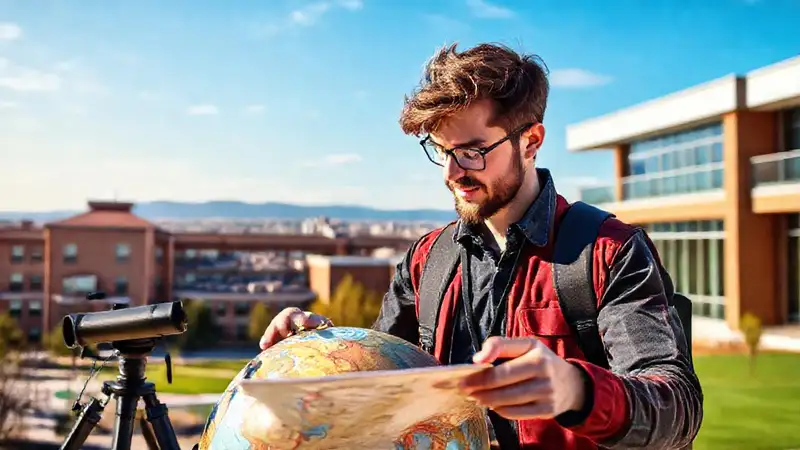 Estudiante universitario explora mapas y ciudades