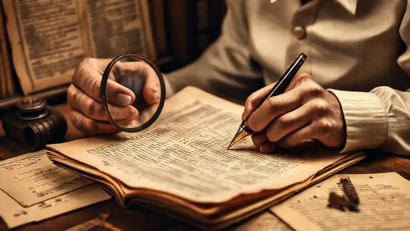 Historiador examina documentos antiguos con lupa