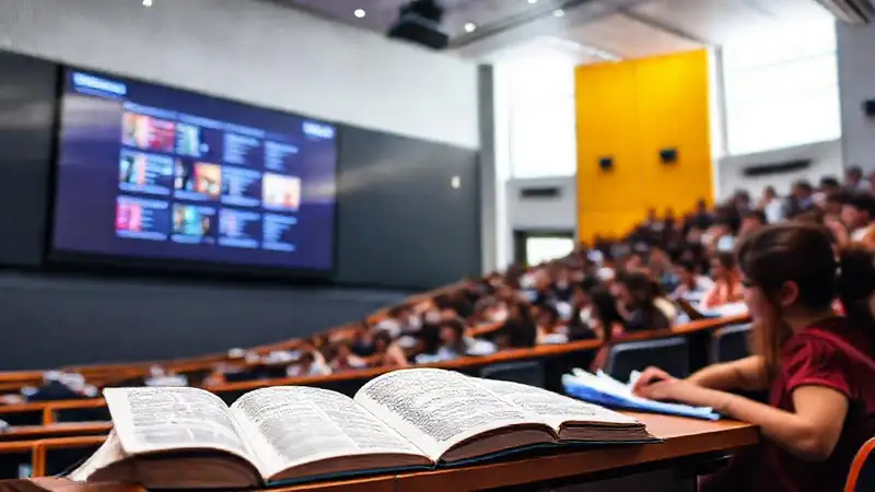 Aula universitaria con estudiantes y recursos digitales