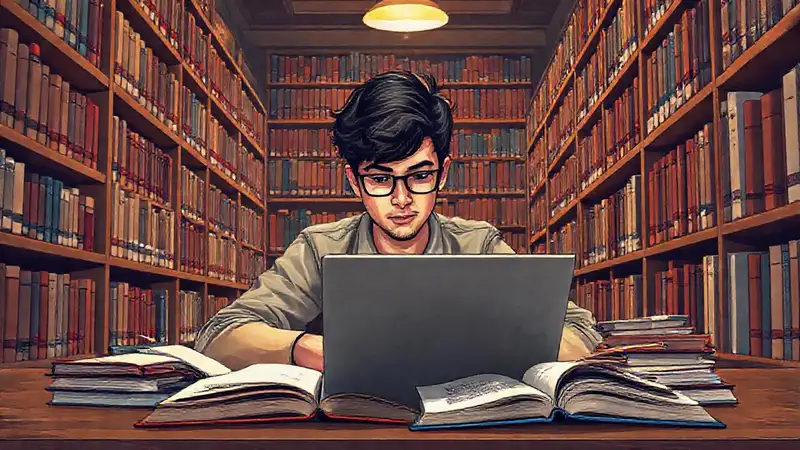 Estudiante estudiando en biblioteca con enfoque