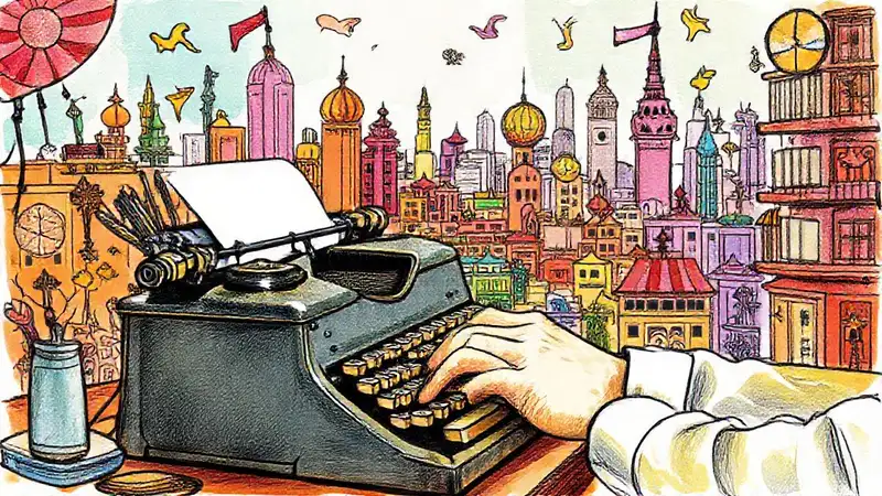 Periodista creativa con símbolos culturales y urbano
