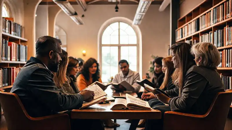 Personas en discusión teológica en biblioteca