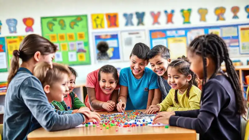 Niños colaborando en aula colorida y alegre