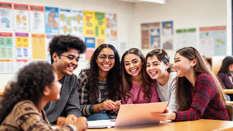 Estudiantes diversos colaboran en aula moderna