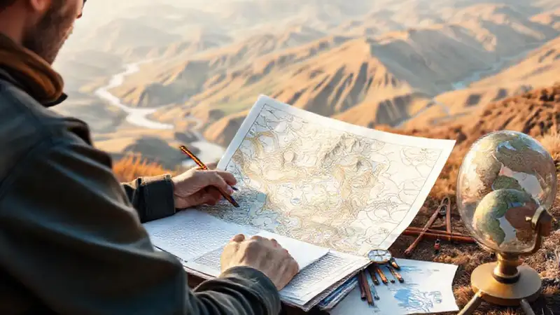 Investigador geográfico estudia mapas y terrenos