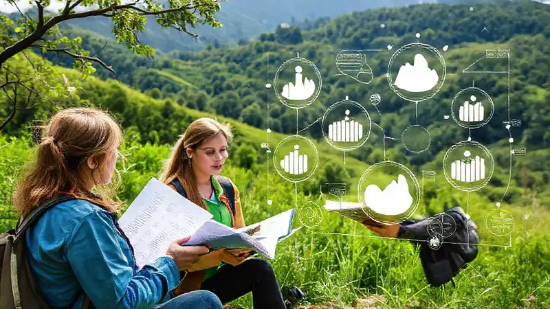 Documentos y estudiantes en entornos verdes inspiradores