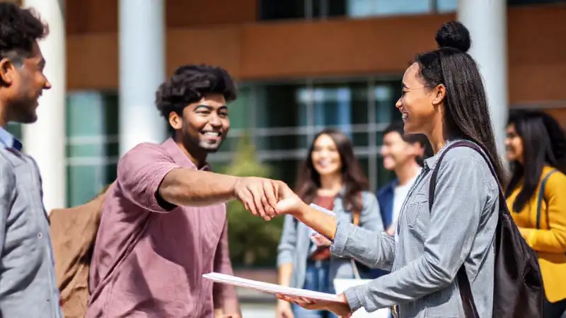 Estudiante comparte tarea en un campus universitario