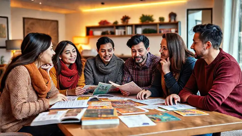 Familia discutiendo en sala moderna y colorida