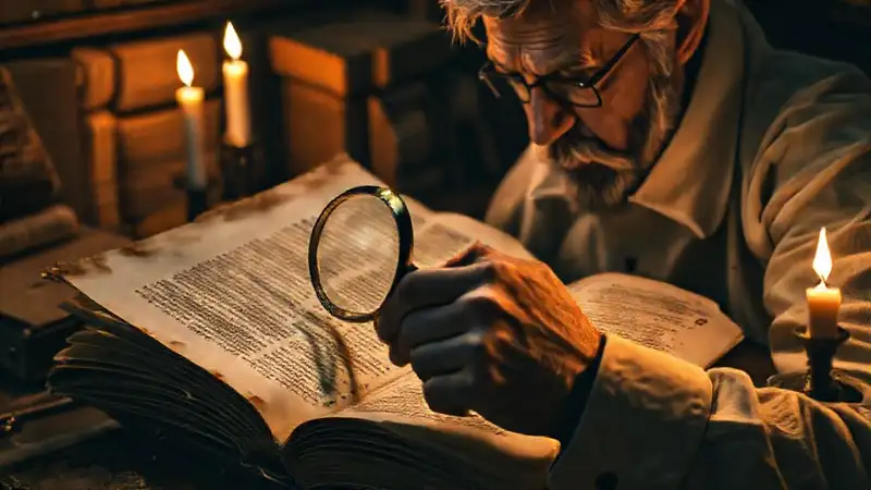Historiador examina manuscrito antiguo bajo luz cálida