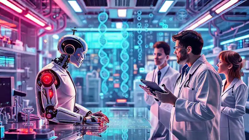 Laboratorio futurista con colaboración humana-robotica