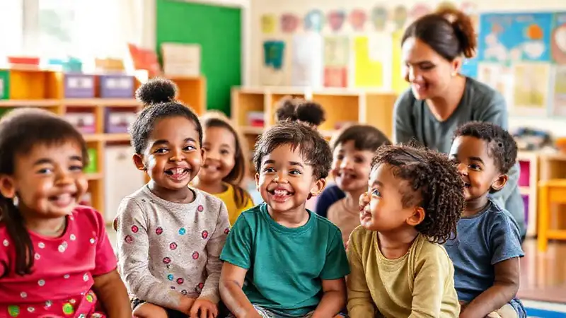 Niños diversos en aula con maestra comprometida