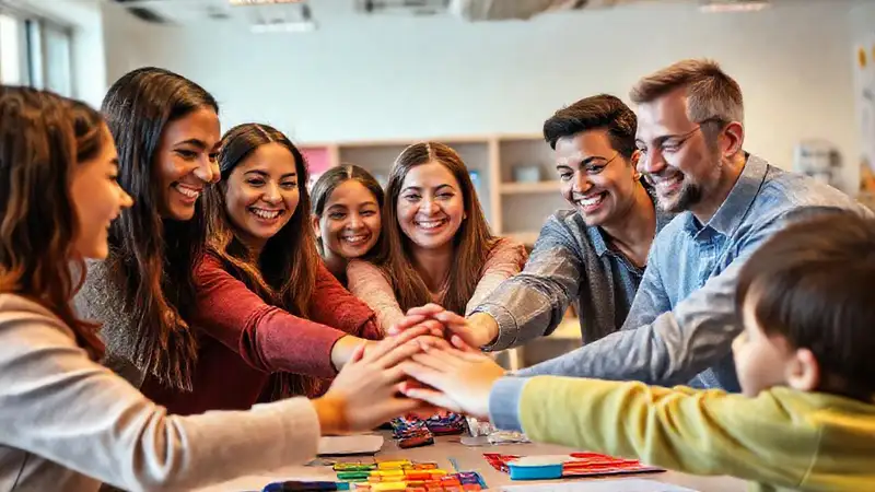 Equipo diverso colaborando en aula inclusiva