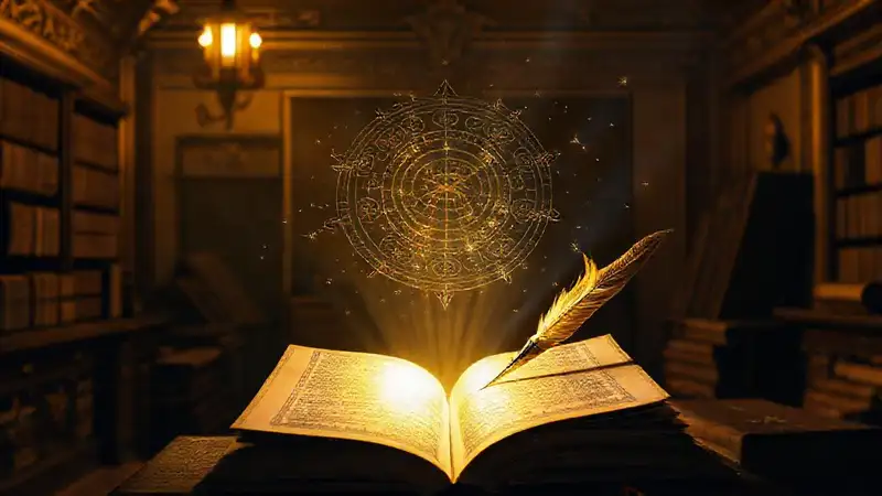 Libro antiguo y pluma iluminada, sabiduría celestial