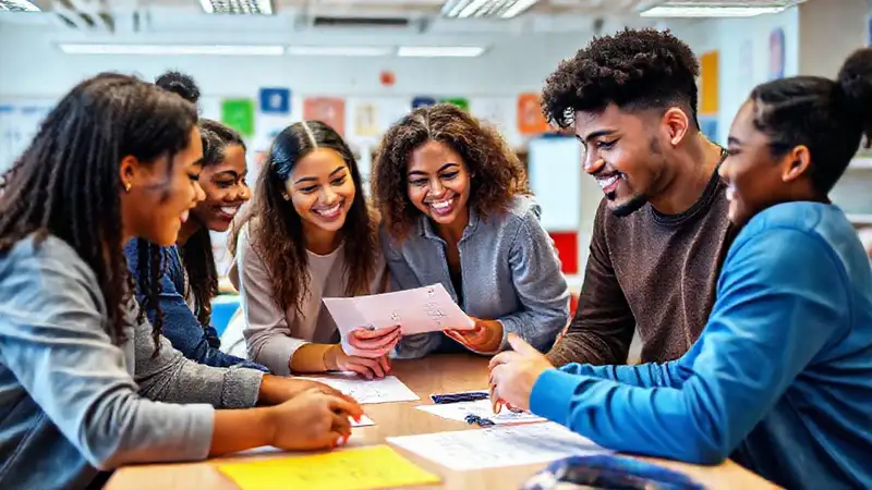 Estudiantes colaborando en matemáticas con alegría