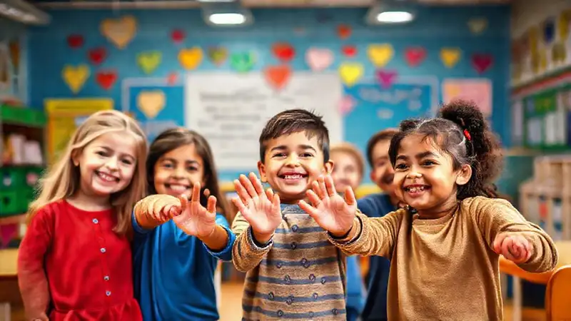 Niños felices en un aula colorida y amigable
